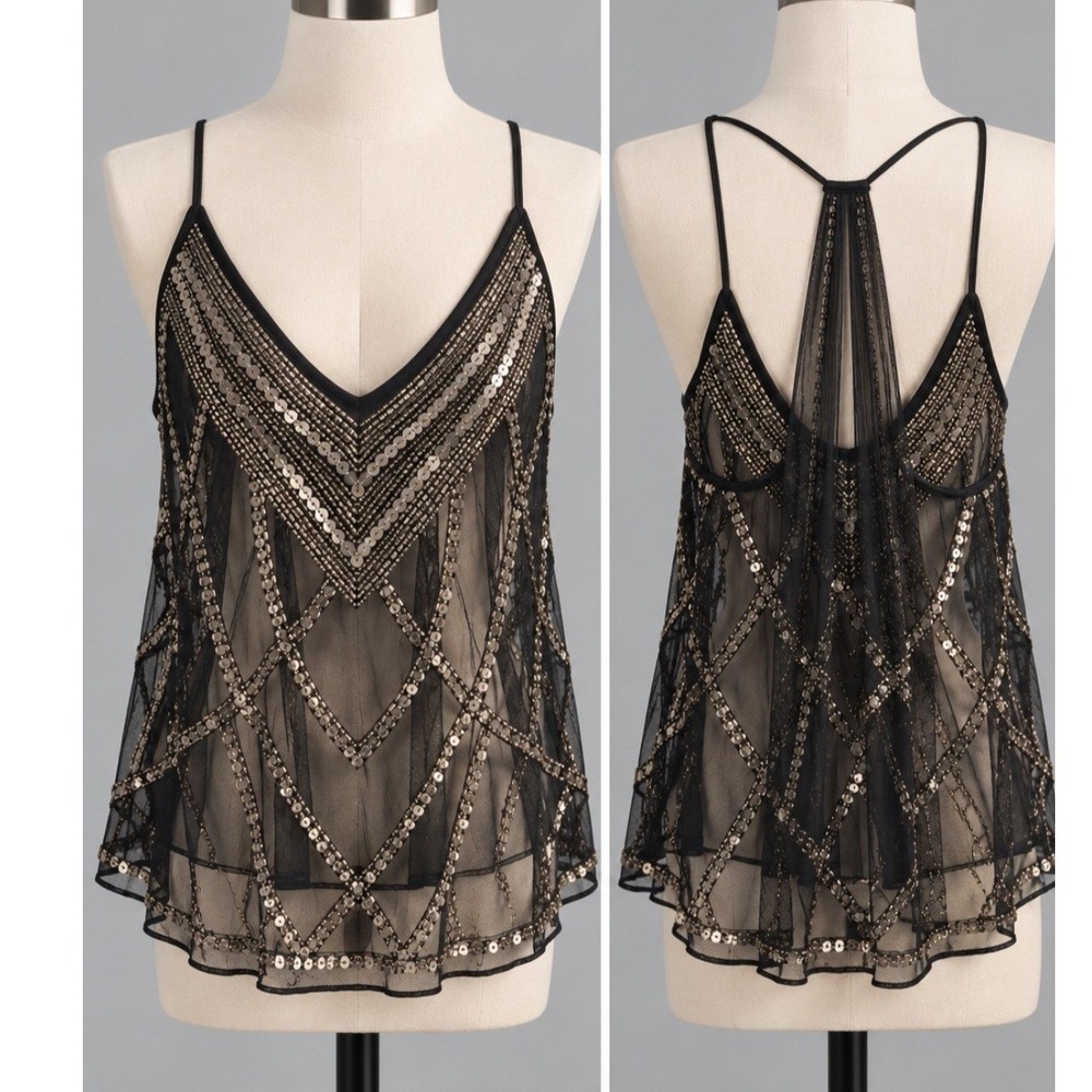 Kimchi Blue Beaded Sequin Sheer Mesh Cami Top Womens L Black Art Deco Racerback